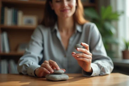Femme tenant une worry stone en cristal entre ses doigts, assise à un bureau en bois dans un intérieur cosy