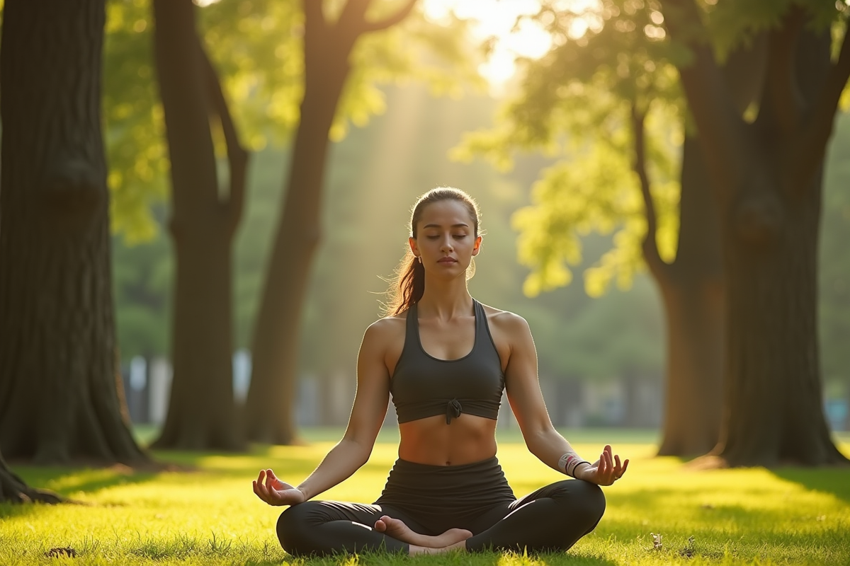 Personne pratiquant yoga dans un parc ensoleille